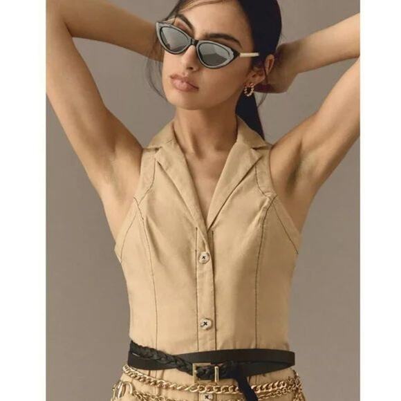 By Anthropologie Sleeveless Midi Linen + Cotton Blend Button Down Shirt Dress - Picture 2 of 14